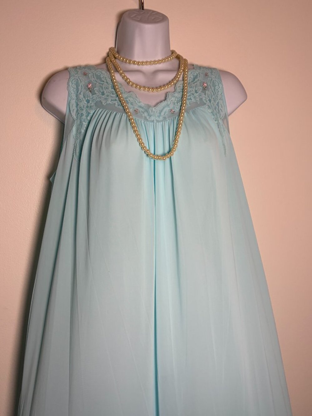 ~80s Vintage Shadowline Aqua Lace Roses House Dress Maxi Nightgown Made in USA M
